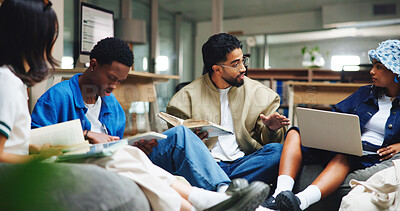 Buy stock photo Students, tablet and conversation in library, university and brainstorming for group assignment. College, meeting and people with tech, creativity and discussion with teamwork, research and ideas