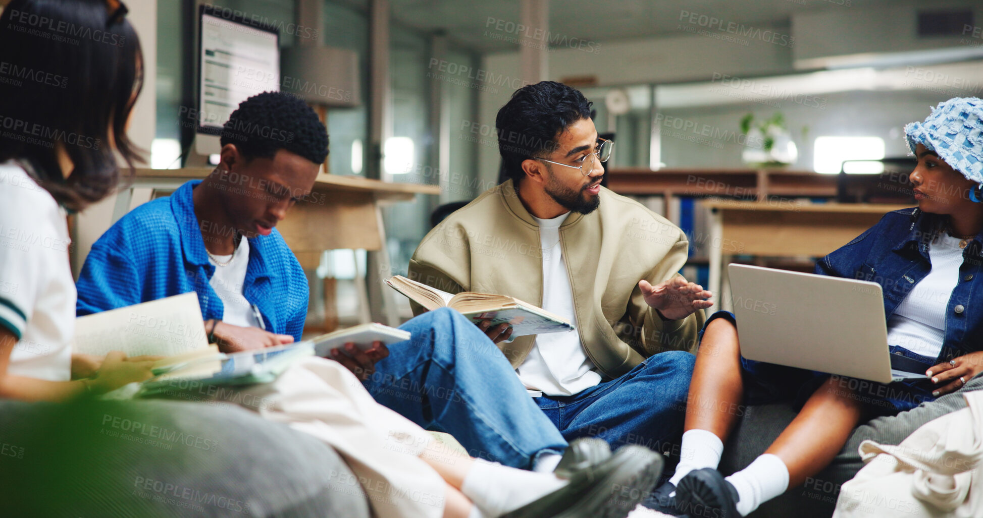 Buy stock photo Students, tablet and conversation in library, university and brainstorming for group assignment. College, meeting and people with tech, creativity and discussion with teamwork, research and ideas