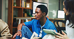 College, students and group with tech, research and online to prepare for exam, education and study. University, people and learn with tablet for scholarship, conversation and plan for test at night
