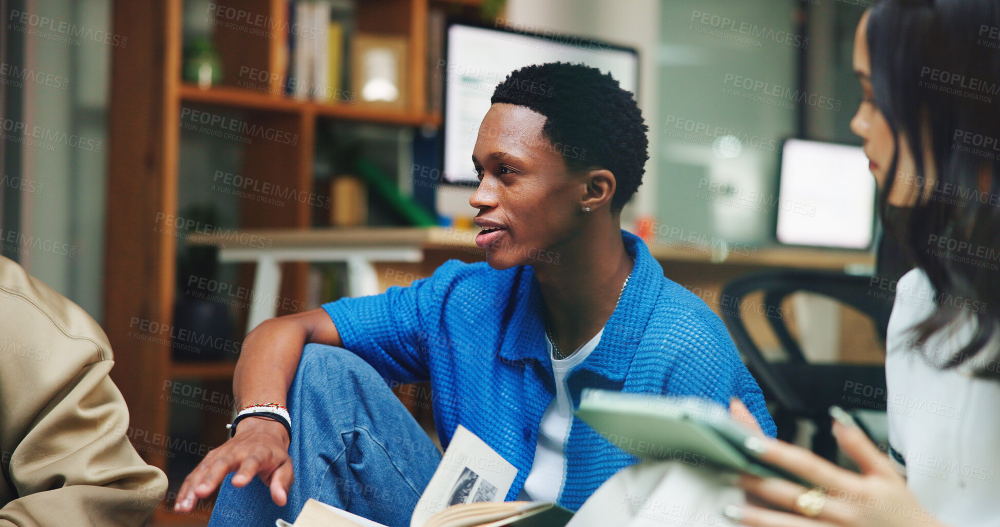 Buy stock photo College, students and group with tech, research and online to prepare for exam, education and study. University, people and learn with tablet for scholarship, conversation and plan for test at night