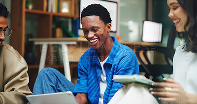 Buy stock photo College, students and group with tech, study and research to prepare for exam, education and online. University, people and learn with tablet for scholarship, conversation and plan for test at night