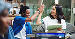 University, students or high five with tablet in library for test success, exam results or support. Education, college or people with celebration on campus for assignment goal or scholarship approval