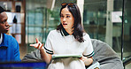 Students, tablet and woman with conversation, university and planning for group assignment. College, meeting and people with tech, creativity and discussion with brainstorming, teamwork and ideas