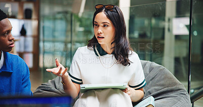 Buy stock photo Students, tablet and woman with conversation, university and planning for group assignment. College, meeting and people with tech, creativity and discussion with brainstorming, teamwork and ideas