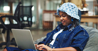Buy stock photo University, student and black woman with laptop, education and research for article, internet and email. College, computer and African person with tech, planning and assignment with elearning or exam