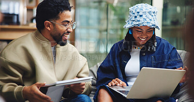Buy stock photo Education, laptop and tablet with students in library together for development, learning or study. Computer, information and knowledge with friends on college or university campus for exam prep