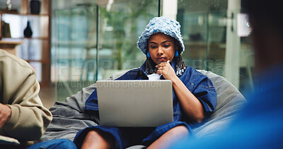 Buy stock photo Students, thinking and woman with laptop, university and planning for creative project. College, computer and people with tech, assignment or online reading with brainstorming,  website info or ideas