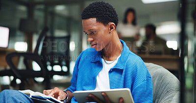 Buy stock photo Man, tablet and book in office for creative, design project and reading requirements for submission. Intern, designer and tech in agency for learning, career education and notebook for research info