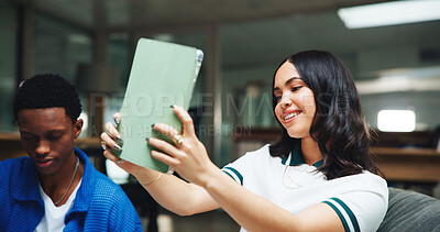 Buy stock photo Selfie, college student and woman with smile, library and study aesthetic on social media and night. University, people and happy for profile picture on website, evening and photography for memory