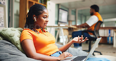 Buy stock photo College, virtual class and girl on laptop in library for online discussion, education and elearning. University, school and student on computer for digital assessment, tutorial and talking in lesson