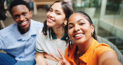 Buy stock photo Selfie, happy and portrait of people in office for team building, bonding or meeting together. Smile, internship and group of magazine editors with photography picture for about us at creative agency