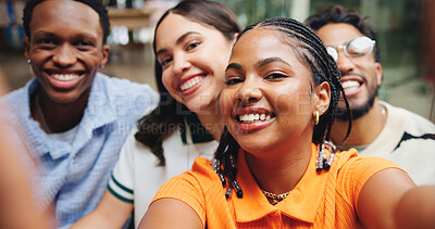 Buy stock photo Selfie, smile and portrait of people in office for team building, bonding or meeting together. Happy, internship and group of magazine editors with photography picture for about us at creative agency