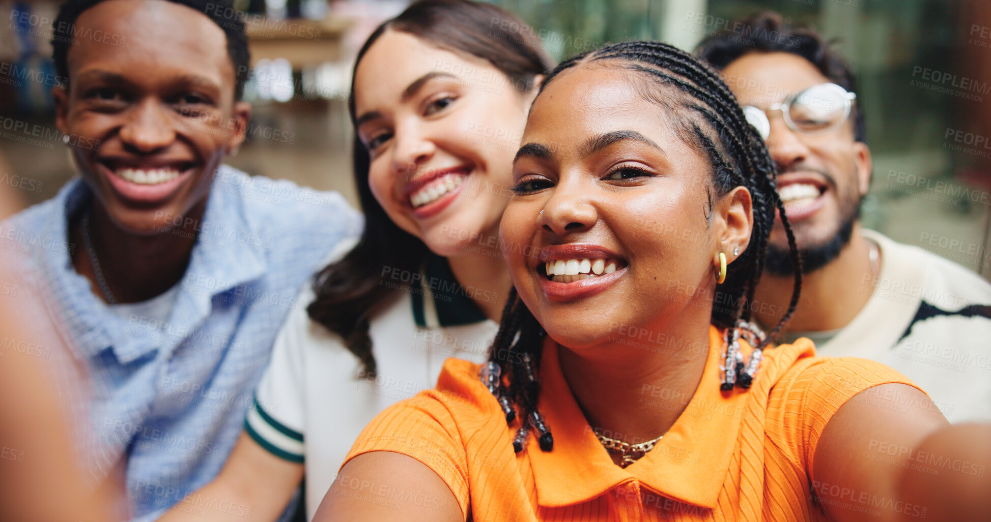 Buy stock photo Selfie, smile and portrait of people in office for team building, bonding or meeting together. Happy, internship and group of magazine editors with photography picture for about us at creative agency