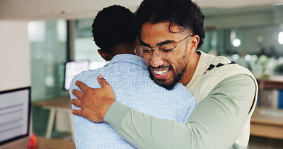 Buy stock photo Happy, men and team in office, hug and support for project in creative agency, friends and together. Business, embrace and people with smile for achievement, graphic designer and celebration for win