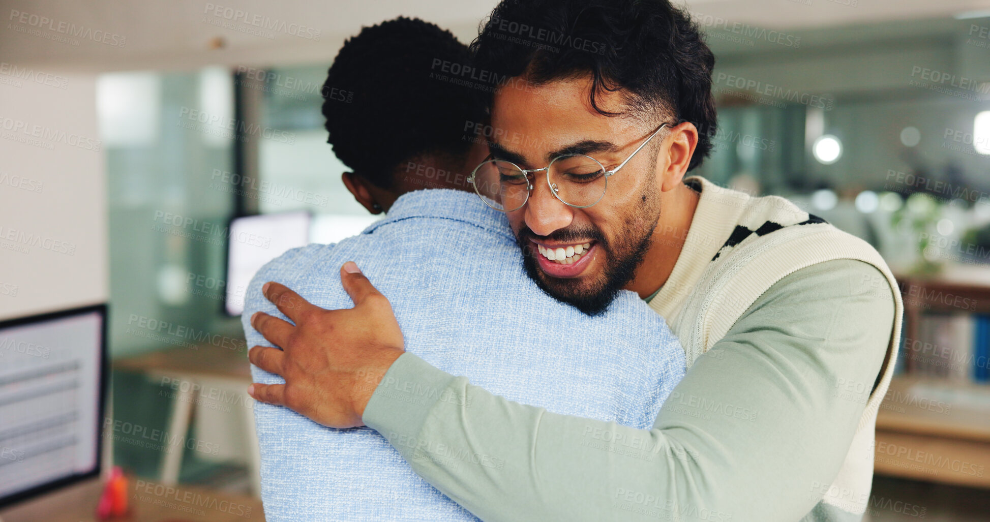 Buy stock photo Happy, men and team in office, hug and support for project in creative agency, friends and together. Business, embrace and people with smile for achievement, graphic designer and celebration for win