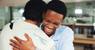 Buy stock photo Friends, men and hug in office, happy and support for project in creative agency, team and together. Business, embrace and people with smile for achievement, graphic designer and celebration for win