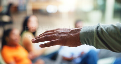 Buy stock photo Hand, teacher and students with person in college for education, professor lecture or study group. Teaching, presentation and University lesson with closeup of speaker on campus for learning and show