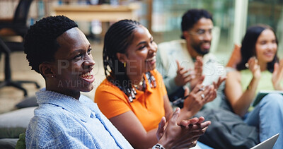 Buy stock photo Applause, teamwork and people in office with celebration for creative internship with job opportunity. Clapping hands, happy and group of magazine editors with achievement in collaboration at agency.