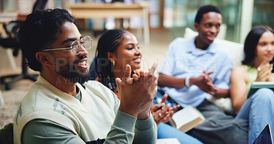 Buy stock photo Clapping hands, teamwork and people in office with celebration for creative internship with opportunity. Applause, happy and group of magazine editors with achievement in collaboration at agency.