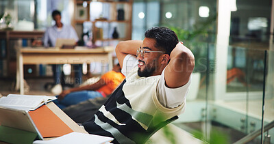 Buy stock photo Relax, student and happy man in library for thinking, learning and research project with notebook. University, ideas or male person with smile on campus for education, college literature or break