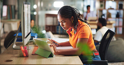 Buy stock photo Office, intern editor and woman on tablet for digital magazine, publishing and journalism. Technology, media agency and creative person on computer for blog article, publication report or research