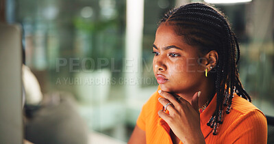 Buy stock photo School, thinking and woman on computer for online research, studying and learning at college. University, ideas and student on pc for project, assessment and assignment for education in library