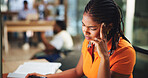 Thinking, headache and girl at university in library for learning, education and studying. College, school and student with notes, books and writing for project with head pain, burnout and stress