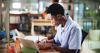 Buy stock photo Writing, college student and black man in library for reading, learning and research project. University, creative or male person with tablet on campus for education, development or studying notes