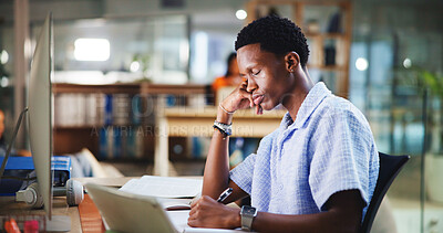 Buy stock photo Tired, laptop and man at university in library for learning, education and studying at college. Sleeping, school and student with notes, books and online for assessment with fatigue, burnout and rest