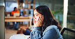 Computer, shock and girl at university in library for learning, education and studying. College, school and student with notes, books and online exam for assessment with worry, burnout and stress