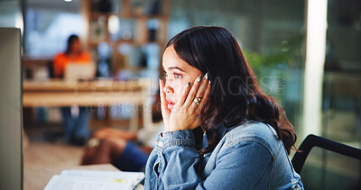 Buy stock photo Computer, shock and girl at university in library for learning, education and studying. College, school and student with notes, books and online exam for assessment with worry, burnout and stress