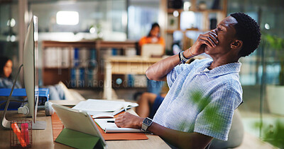 Buy stock photo Yawn, tired and black man in office at night for creative project with deadline at agency. Fatigue, exhaustion and African male magazine editor with article for publishing with overtime in workplace.