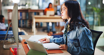 Buy stock photo Computer, student and woman in library for reading, learning and research project with ideas. University, online or girl with technology on campus for education, college thesis and studying on PC