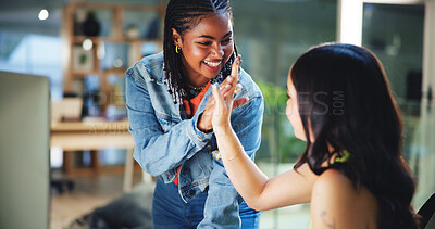 Buy stock photo High five, interns and computer and people in office for success, learning opportunity and support. Teamwork, startup and small business with women in creative agency for collaboration and advice