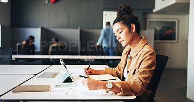 Buy stock photo Entrepreneur, woman or writing with paperwork in office for business structure, startup ideas or notes. Professional, person or brainstorming process for funding proposal, new opportunity or planning