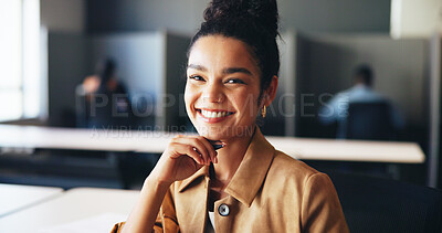 Buy stock photo Intern, portrait and smile with business woman in office for storyboard artist, pride and talent. Creative, happiness and comic designer student with person in startup agency for learning opportunity