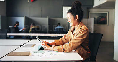Buy stock photo Business, smile and woman in office, tablet and charts for profit growth, data analytics and app. Person, employee or consultant in workplace, tech or internet with connection, website info or graphs