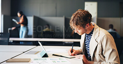 Buy stock photo Entrepreneur, man and writing in notebook in office for business structure, startup ideas or notes. Professional, person and brainstorming process for funding proposal, new opportunity and checklist