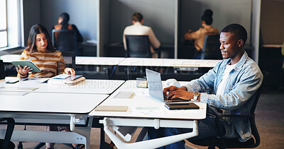 Buy stock photo Business person, laptop and coworking in office for journalist career, research and typing. Hybrid work, male freelancer and technology for article headline, story or online submission deadline