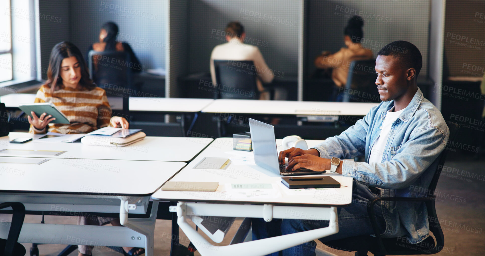 Buy stock photo Business person, laptop and coworking in office for journalist career, research and typing. Hybrid work, male freelancer and technology for article headline, story or online submission deadline