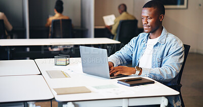 Buy stock photo Business people, man and laptop with thinking, typing and research for sales agency and internet. Employees, coworking and consulting with tech, planning or connection with website info and network