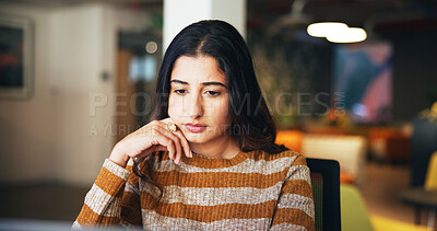 Buy stock photo Thinking, serious and business woman problem solving, event planning or creative solution in office. Idea, reading and worker in startup for inspiration, brainstorming or decision for venue with tech