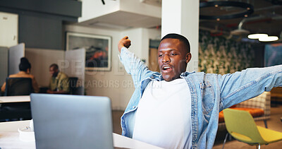 Buy stock photo Stretching, tired and man with laptop, office and review of article on website, reporter or fatigue. Read, draft and person in coworking workspace for journalism, yawning and burnout for deadline