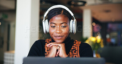 Buy stock photo Headphones, laptop and webinar with business black woman in office for learning online. Computer, streaming and upskill development with employee listening to training course for work orientation