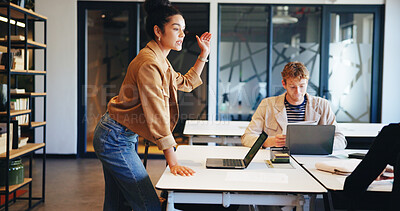 Buy stock photo Presentation, idea and meeting with business woman in office for workshop, teamwork and pitch. Planning, collaboration and teaching with employees in agency for support, advice and brainstorming