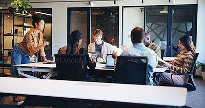 Buy stock photo Presentation, speaker and teamwork with business woman in office for workshop, meeting and idea. Planning, collaboration and teaching with employees in agency for support, advice and brainstorming