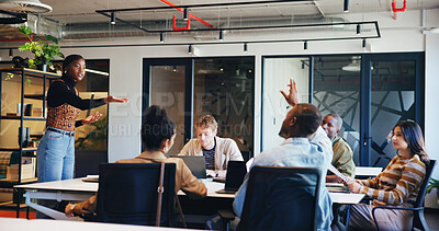 Buy stock photo Presentation, speaker and question with business woman in office for workshop, teamwork and idea. Planning, collaboration and teaching with employees in agency for support, advice and brainstorming