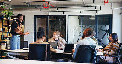 Buy stock photo Presentation, speaker and planning with business woman in office for workshop, teamwork and idea. Meeting, collaboration and teaching with employees in agency for support, advice and brainstorming