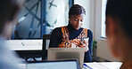 Coworking, laptop and phone with business woman in office for administration, report or research. Computer, development and text message with employee reading information or knowledge in workplace