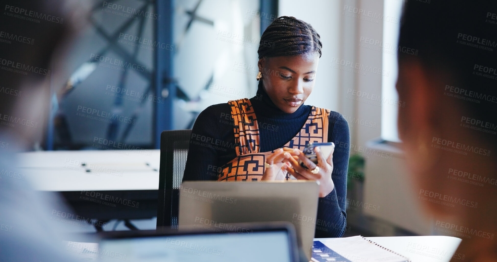 Buy stock photo Coworking, laptop and phone with business woman in office for administration, report or research. Computer, development and text message with employee reading information or knowledge in workplace